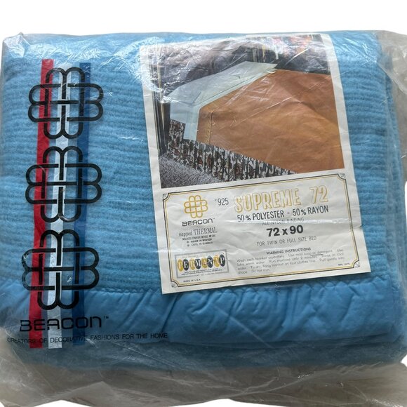 Vintage New Old Stock Beacon Napped Thermal Twin/Full Blanket Blue Satin Edge